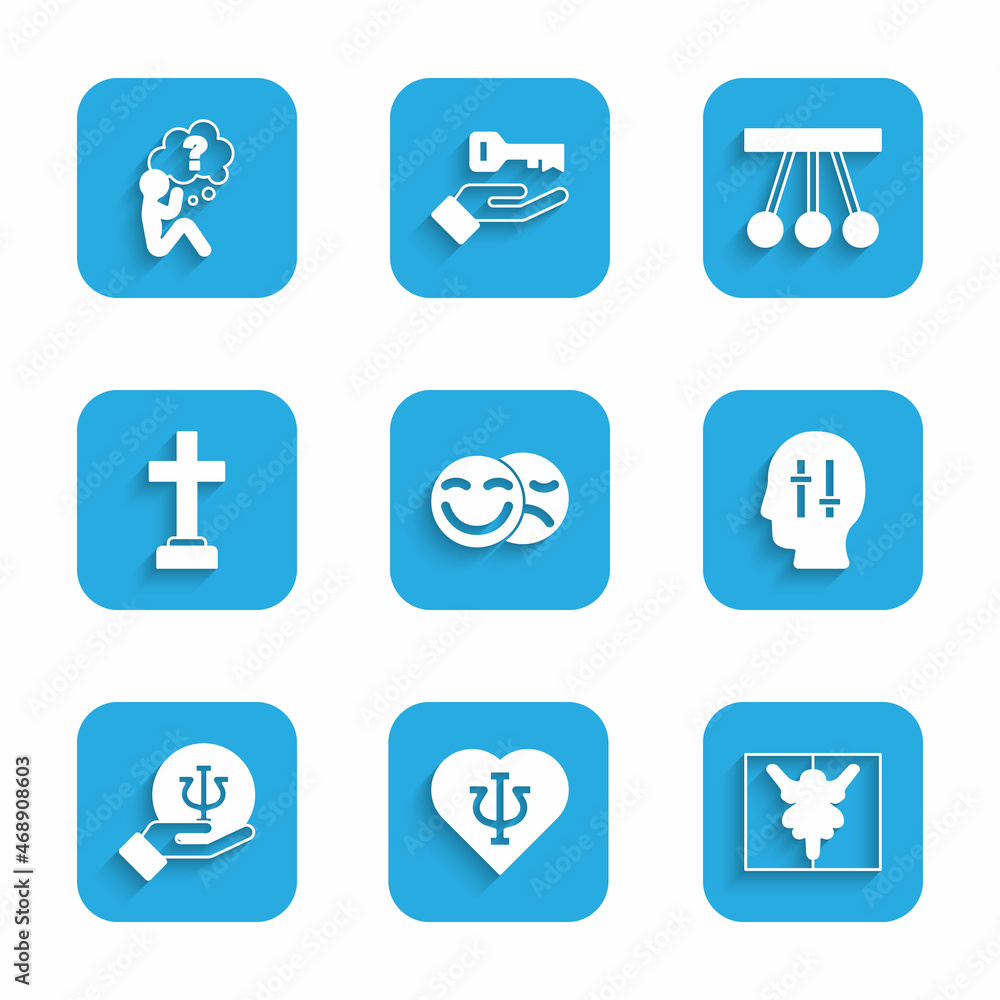 Set Comedy and tragedy masks, Psychology, Psi, Rorschach test, Solution to the problem, Graves funeral sorrow, Pendulum and Head with question mark icon. Vector Set Comedy and tragedy masks, Psychology, Psi, Rorschach test, Solution to the problem, Graves funeral sorrow, Pendulum and Head with question mark icon. Vector