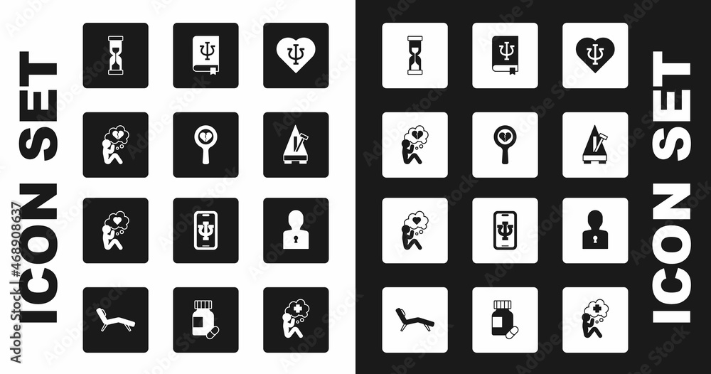 Set Psychology, Psi, Broken heart or divorce, Old hourglass, Metronome with pendulum, book,, Solution to the problem and Head icon. Vector Set Psychology, Psi, Broken heart or divorce, Old hourglass, Metronome with pendulum, book,, Solution to the problem and Head icon. Vector