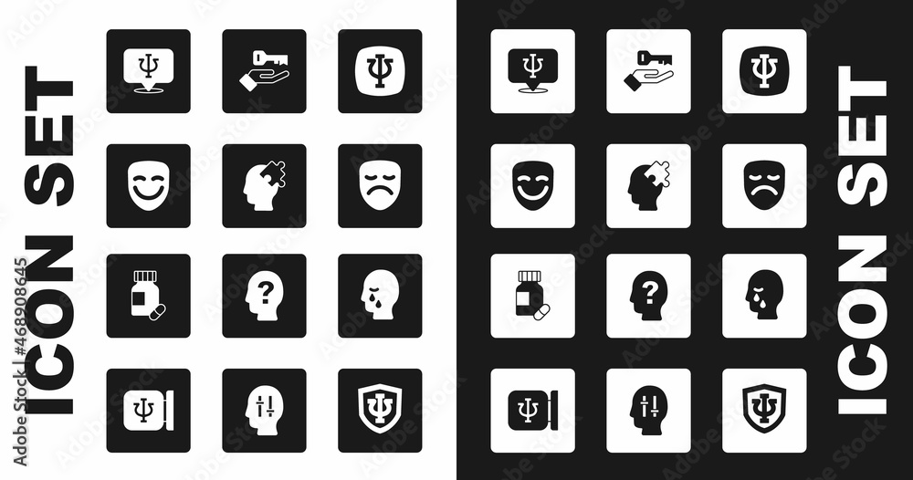 Set Psychology, Psi, Solution to the problem, Comedy theatrical mask, Drama, Man graves funeral sorrow and Sedative pills icon. Vector Set Psychology, Psi, Solution to the problem, Comedy theatrical mask, Drama, Man graves funeral sorrow and Sedative pills icon. Vector
