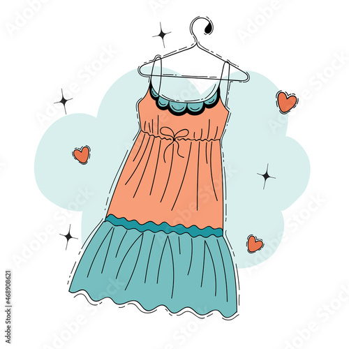Vector banner about morning with a light dress on a hanger in a hand-drawn cartoon style.