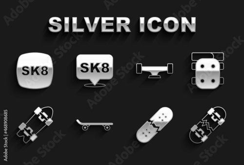 Set Skateboard, Knee pads, Broken skateboard, deck, Longboard or, wheel, and icon. Vector