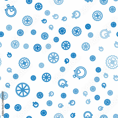 Set line Bicycle wheel, Stopwatch and sprocket crank on seamless pattern. Vector