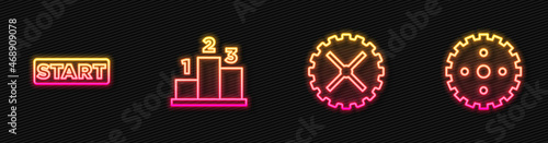 Set line Bicycle sprocket crank, Ribbon in finishing line, Award over sports winner podium and . Glowing neon icon. Vector