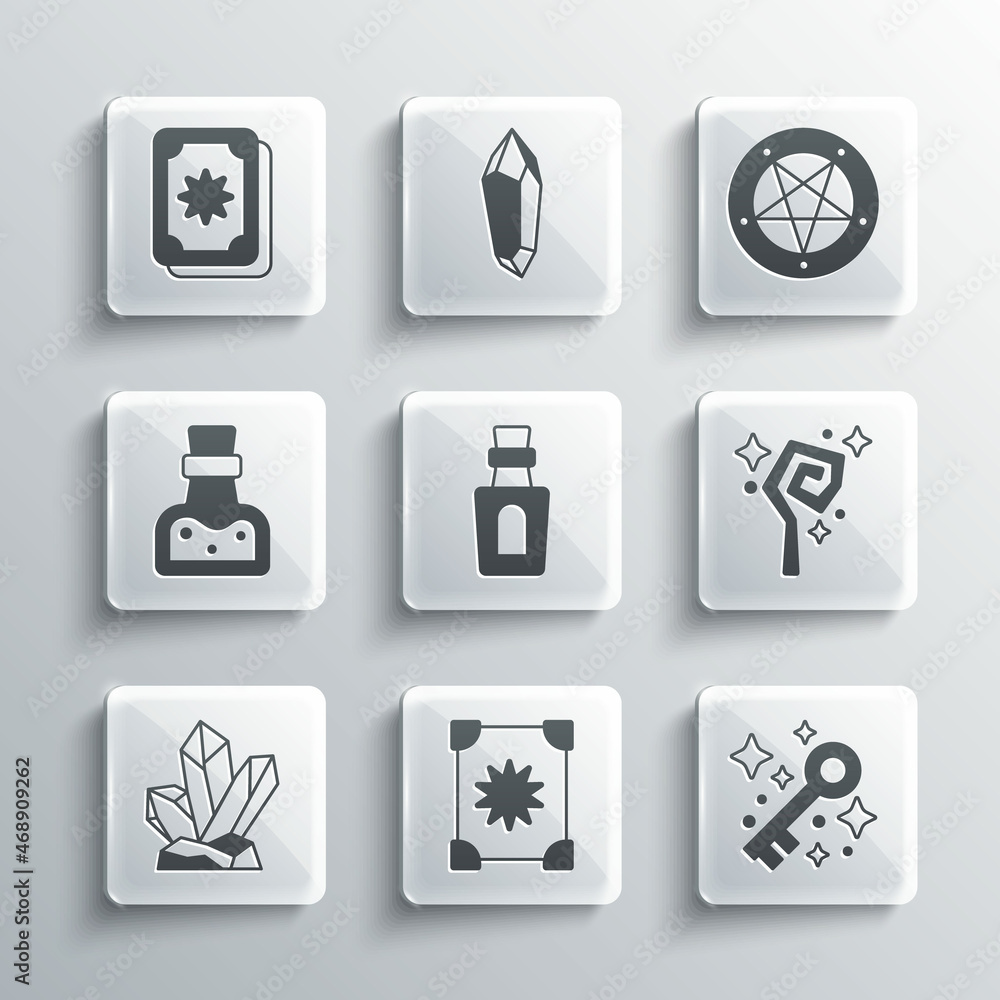 Set Ancient magic book, Old key, Magic staff, Bottle with potion, stone, Tarot cards and Pentagram in circle icon. Vector Set Ancient magic book, Old key, Magic staff, Bottle with potion, stone, Tarot cards and Pentagram in circle icon. Vector