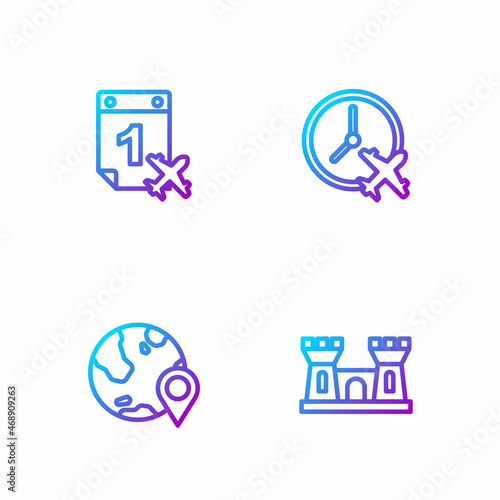 Set line Sand castle, Location on the globe, Calendar airplane and Clock with. Gradient color icons. Vector