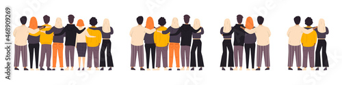 Hugs from friends. Friendship of guys and girls. Unity and good relationships. Family, team, collaboration or partnership. Men and women in a flat style. Vector illustration