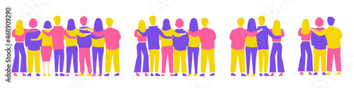 Hugs from friends. Friendship of guys and girls. Unity and good relationships. Family, team, collaboration or partnership. Men and women in a flat style. Vector illustration