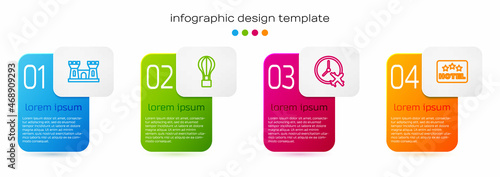 Set line Sand castle, Hot air balloon, Clock with airplane and Signboard text Hotel. Business infographic template. Vector
