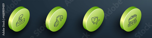 Set Isometric line Tsunami, Gas pump nozzle and globe, Dead fish and Coal train wagon icon. Vector