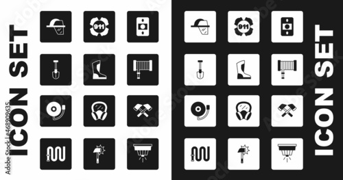 Set Fire alarm system, boots, shovel, Firefighter helmet, hose reel, Emergency call 911, axe and Ringing bell icon. Vector