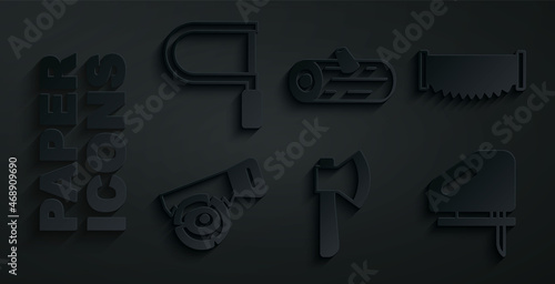 Set Wooden axe, Two-handed saw, Hand log, Electric jigsaw, logs and Hacksaw icon. Vector