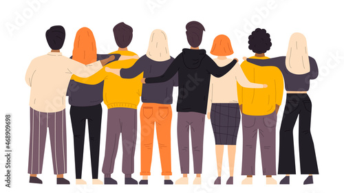 Hugs from friends. Friendship of guys and girls. Unity and good relationships. Family, team, collaboration or partnership. Men and women in a flat style. Vector illustration