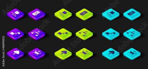 Set Cloud download, Smart drone system, Network cloud connection, headphones, Digital door lock and Transfer files icon. Vector