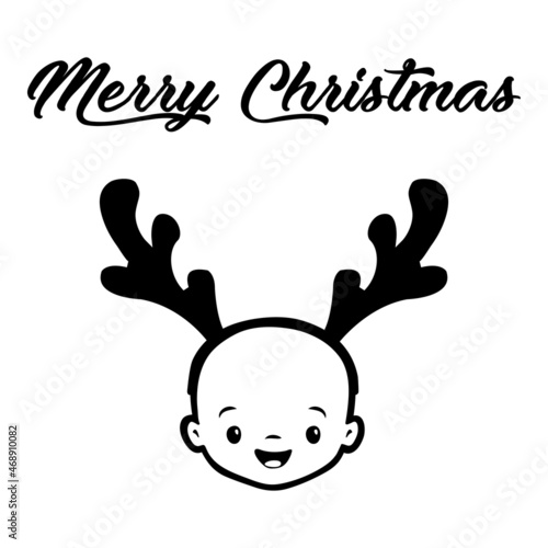 Banner con frase Merry Christmas manuscrito con cara de bebé con diadema de cornamenta de reno en color negro