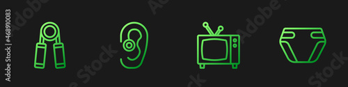 Set line Retro tv, Sport expander, Hearing aid and Adult diaper. Gradient color icons. Vector