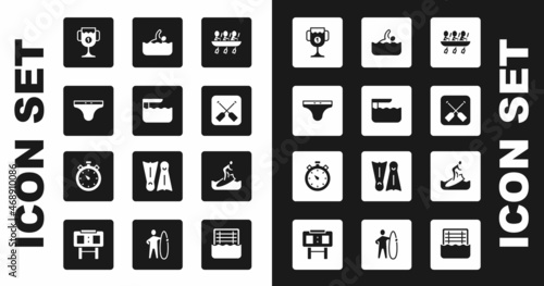 Set Canoe rowing team sports, Diving board springboard, Swimming trunks, Award cup, Paddle, Swimmer, Surfboard and Stopwatch icon. Vector