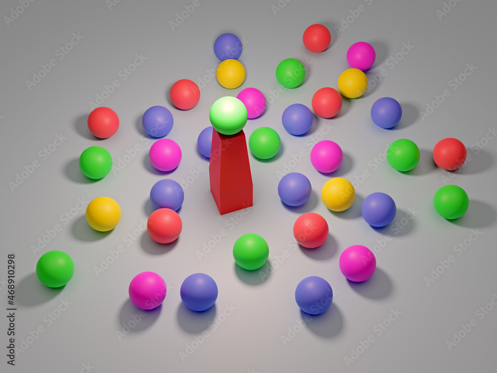Leadership. Conceptual image of a leader and subordinates. Business teamwork. Colorful balloons.