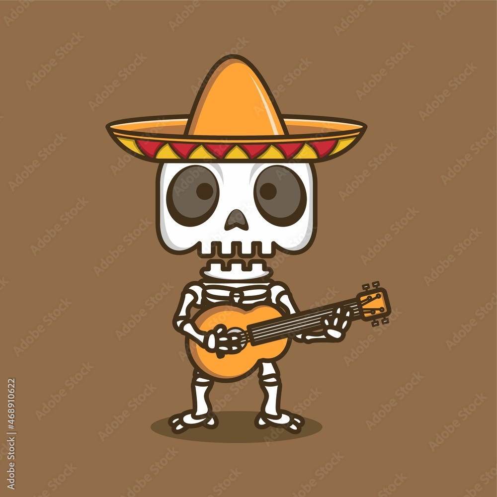 cute cartoon skull character playing mexican style guitar. vector illustration for mascot logo or sticker