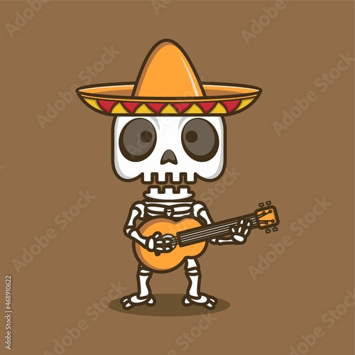 cute cartoon skull character playing mexican style guitar. vector illustration for mascot logo or sticker