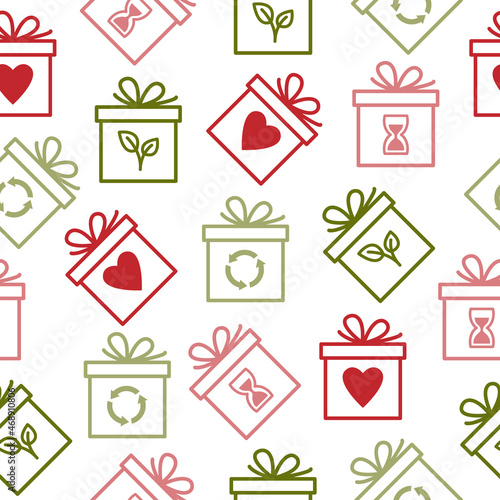Seamless pattern with ecological gift symbols. Sustainable Christmas presents.