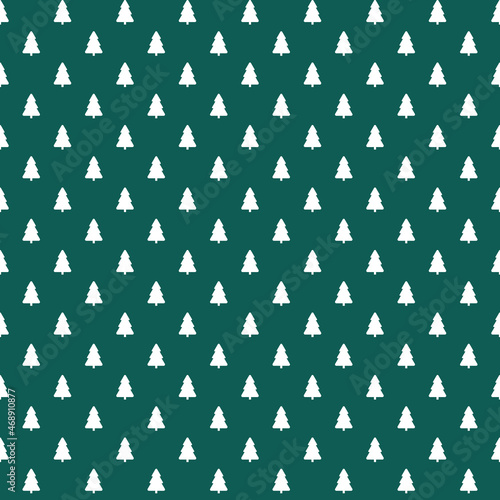 Winter forest geometric background. Seamless vector pattern, digital paper in white and green colors. Pine tree pictogram for web banner.