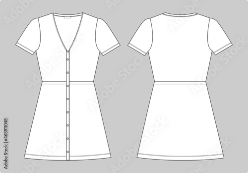 Short sleeve v- neck long dress design overall technical fashion flat sketch vector illustration template for girls and ladies. Apparel Mock up Front and back views Women's Unisex CAD