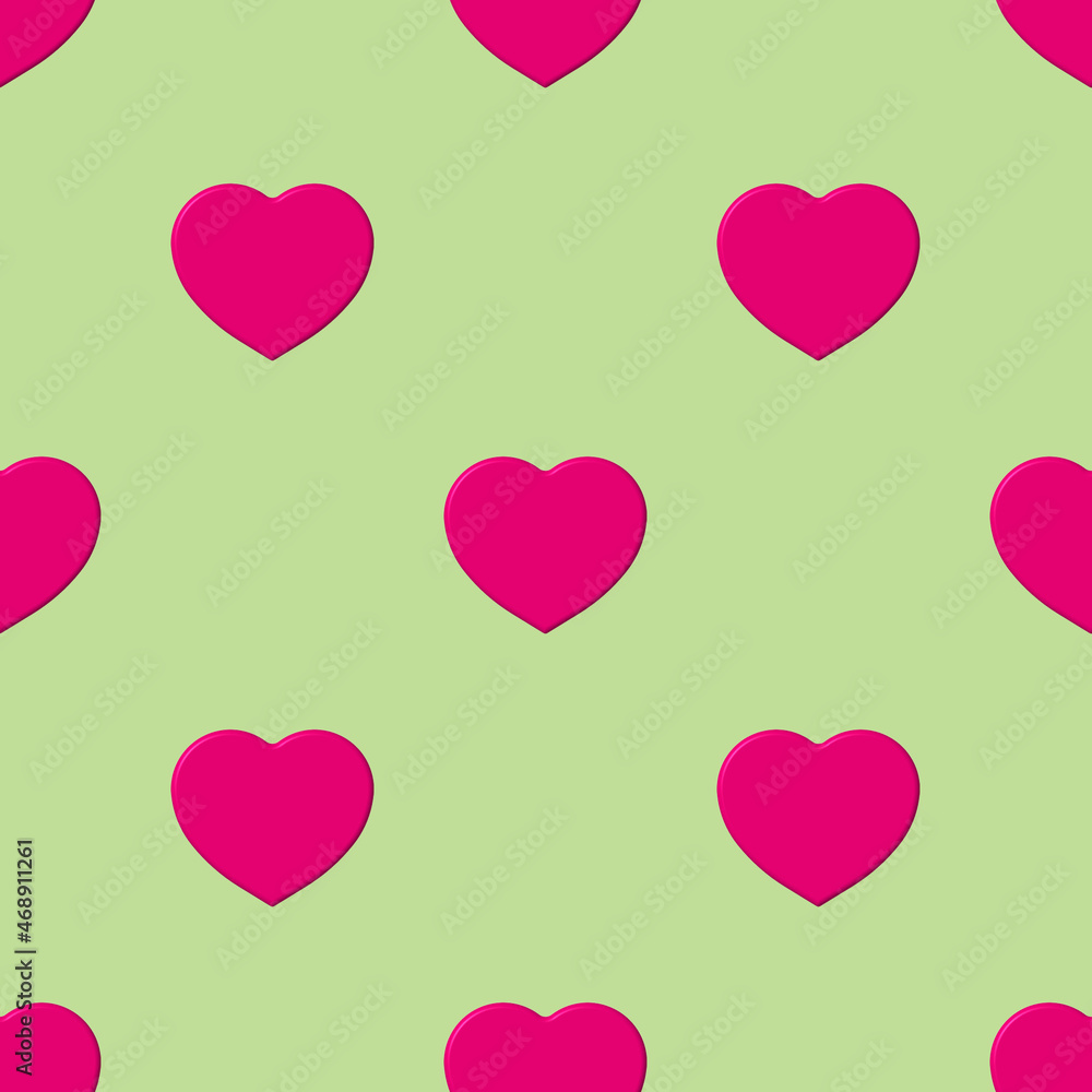 Seamless pattern. Pink heart on pastel pea backgrounds. symbol of love. Template for application to surface. 3d image. 3d rendering