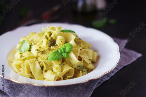 Tagliatelle pasta with pesto sauce 