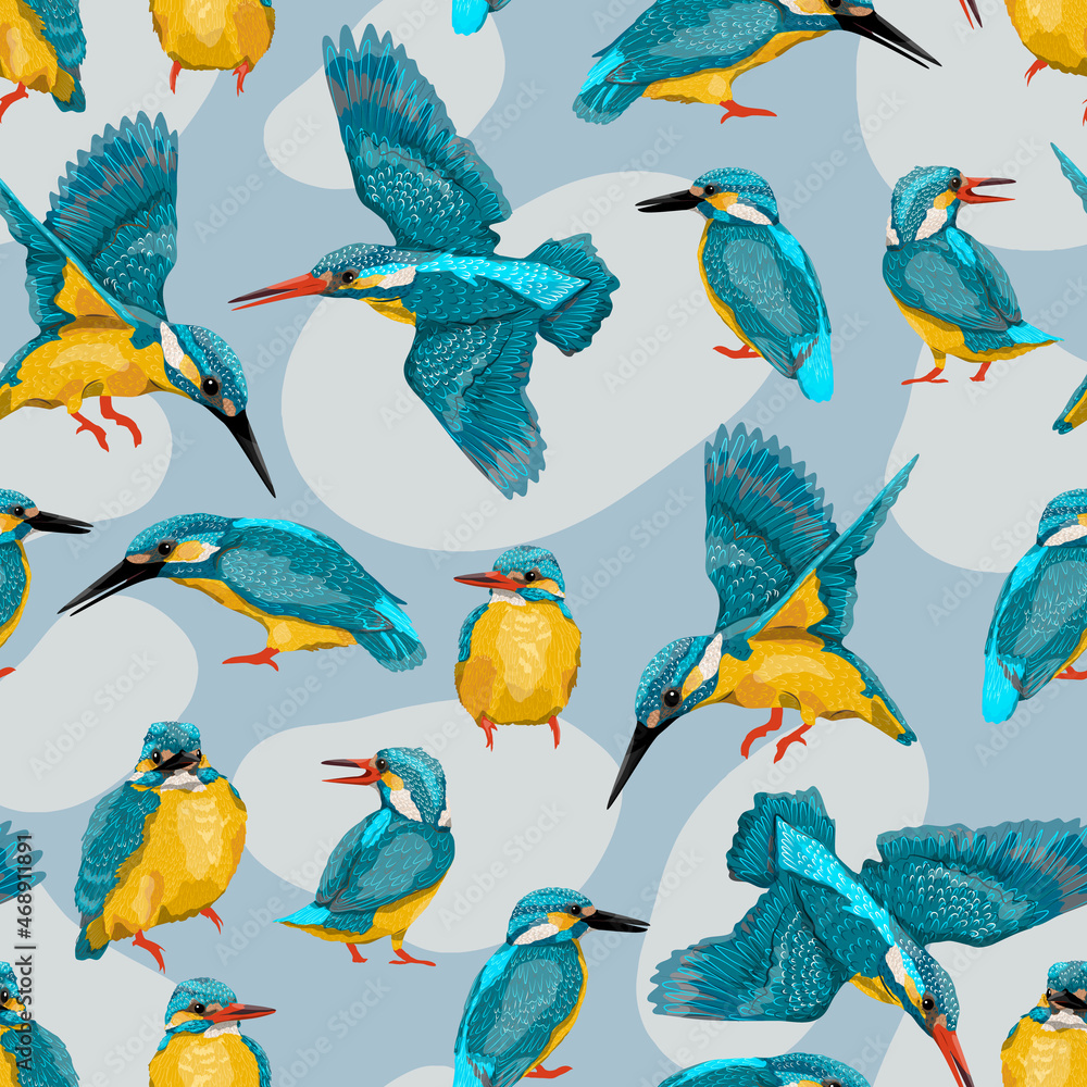 Seamless pattern with common kingfisher Alcedo atthis birds. Wild birds of Eurasia and North America. Realistic vector pattern and background