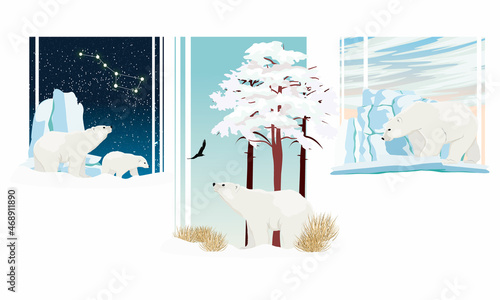 Vector compositions with realistic polar bears in the North. A polar bear and a teddy bear are walking in the snow, looking at the constellation of the Big Dipper and a bird flying near the pine trees