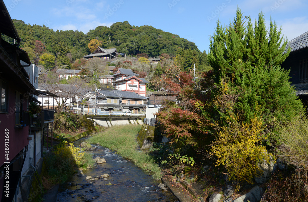 秋の長谷寺　初瀬川からの遠望　奈良県桜井市初瀬