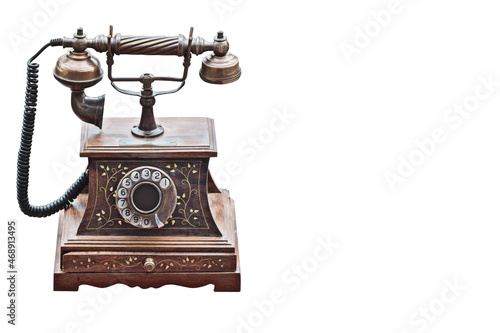 front view Antique Telephone on white background, technology, vintage, copy space