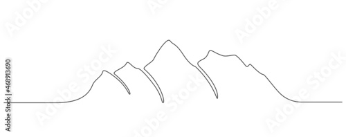 One continuous line drawing of mountain range landscape. Top view of mounts in simple outline style. Adventure hiking and winter sports concept isolated on white background. Doodle vector illustration