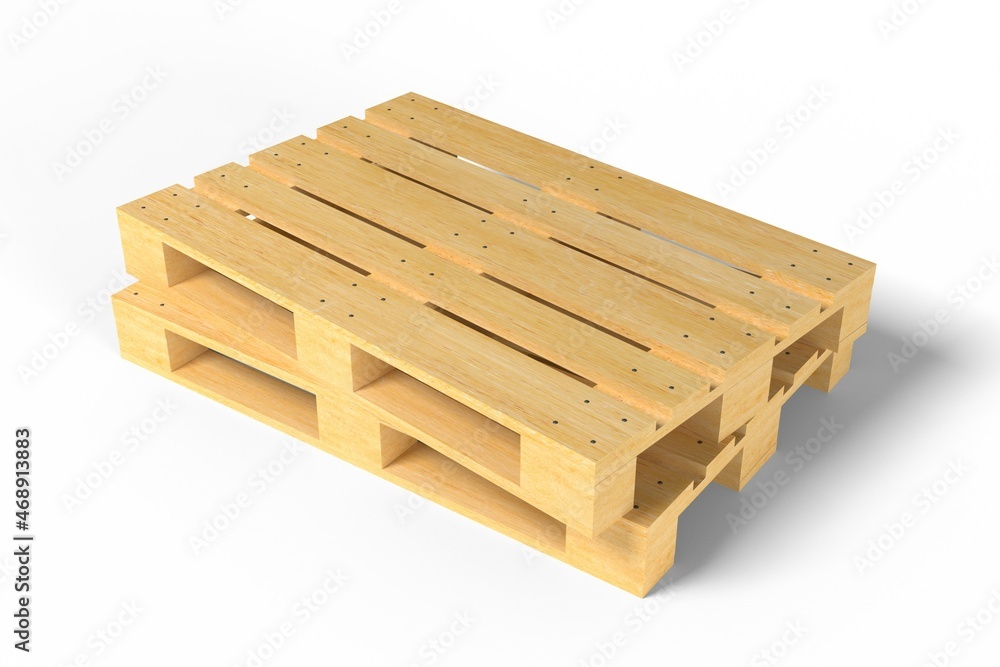 3d render illustration wooden pallets isolated on white background. Realistic empty warehouse platforms for shipping boxes. Packaging and transportation of goods. Stack of wood tray. Euro pallets. 3d render illustration wooden pallets isolated on white background. Realistic empty warehouse platforms for shipping boxes. Packaging and transportation of goods. Stack of wood tray. Euro pallets.