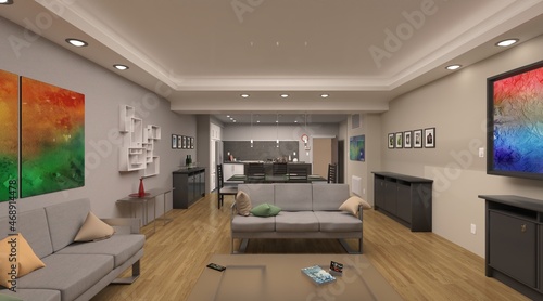 Fototapeta Naklejka Na Ścianę i Meble -  Apartment with a bedroom, living room, kitchen and bathroom 3d illustration