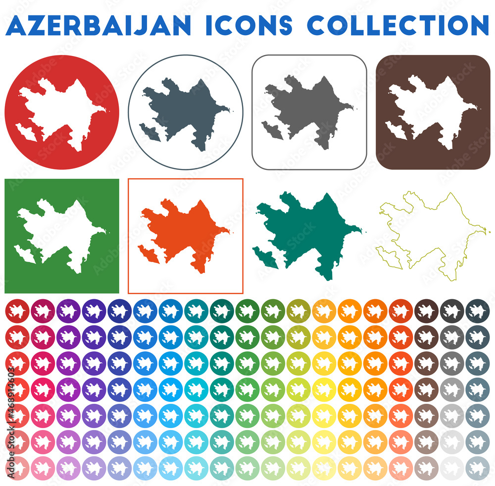 Azerbaijan icons collection. Bright colourful trendy map icons. Modern Azerbaijan badge with country map. Vector illustration.