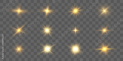 Realistic collection of bright light effects, sparkling stars on a transparent background. Vector