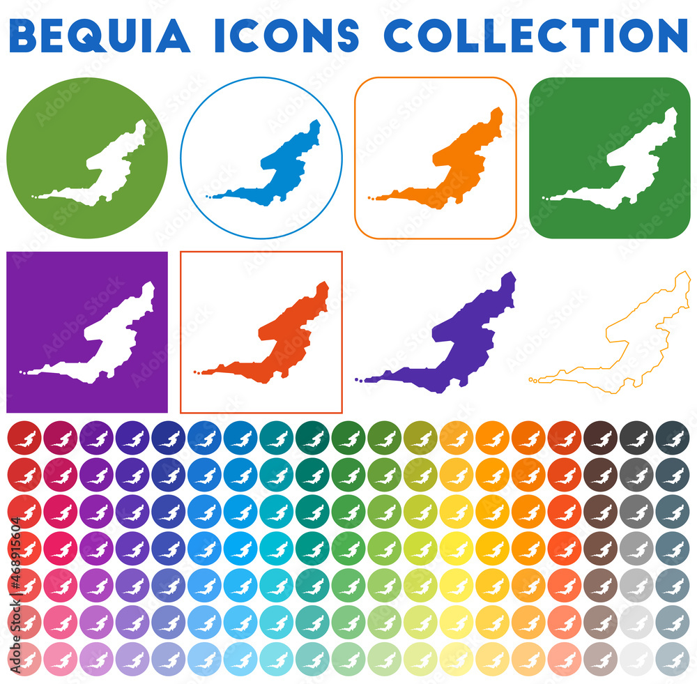 Obraz premium Bequia icons collection. Bright, colorful, trendy map icons. Modern Bequia badge with island map. Vector illustration.