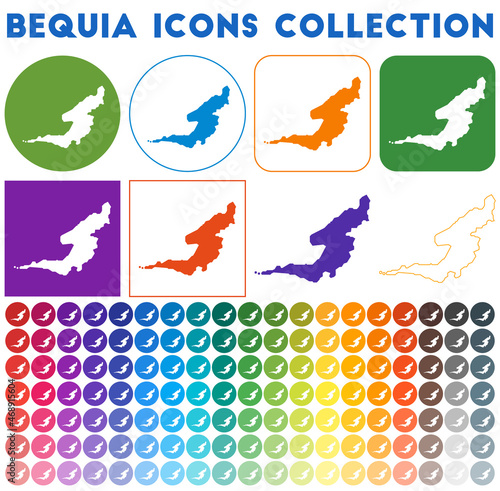 Bequia icons collection. Bright colourful trendy map icons. Modern Bequia badge with island map. Vector illustration.