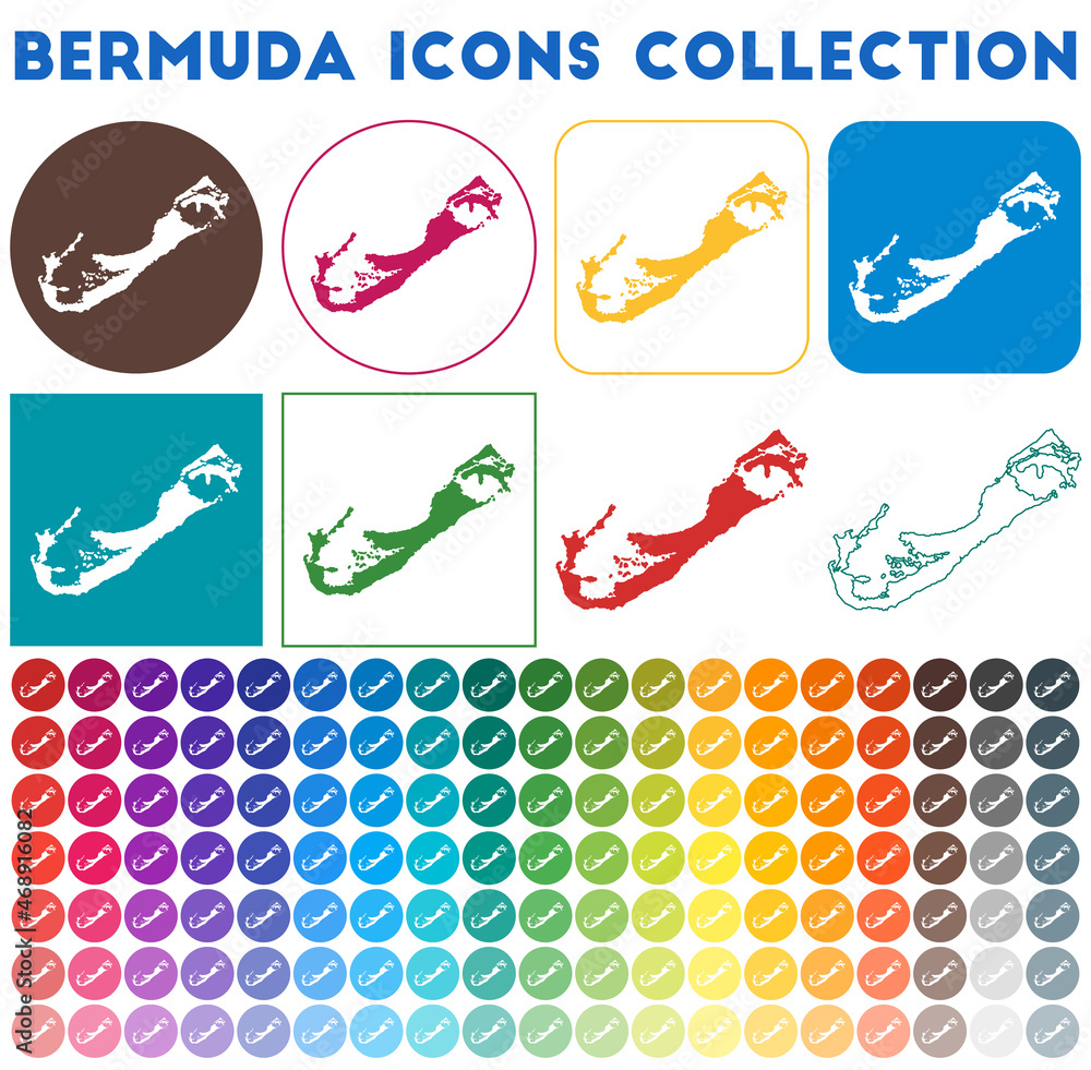 Bermuda icons collection. Bright colourful trendy map icons. Modern Bermuda badge with island map. Vector illustration.