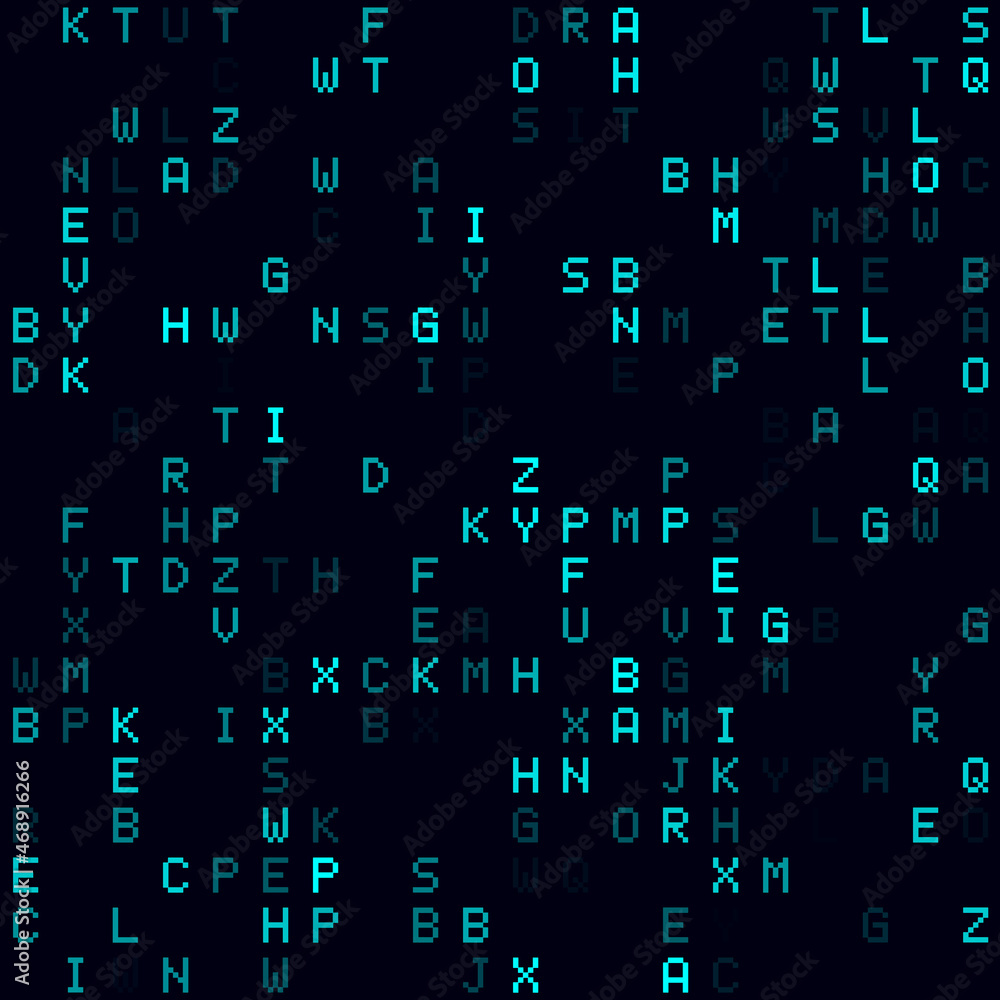 Futuristic tech background. Cyan sparse alphabet letters background. Small sized seamless pattern. Creative vector illustration. Futuristic tech background. Cyan sparse alphabet letters background. Small sized seamless pattern. Creative vector illustration.