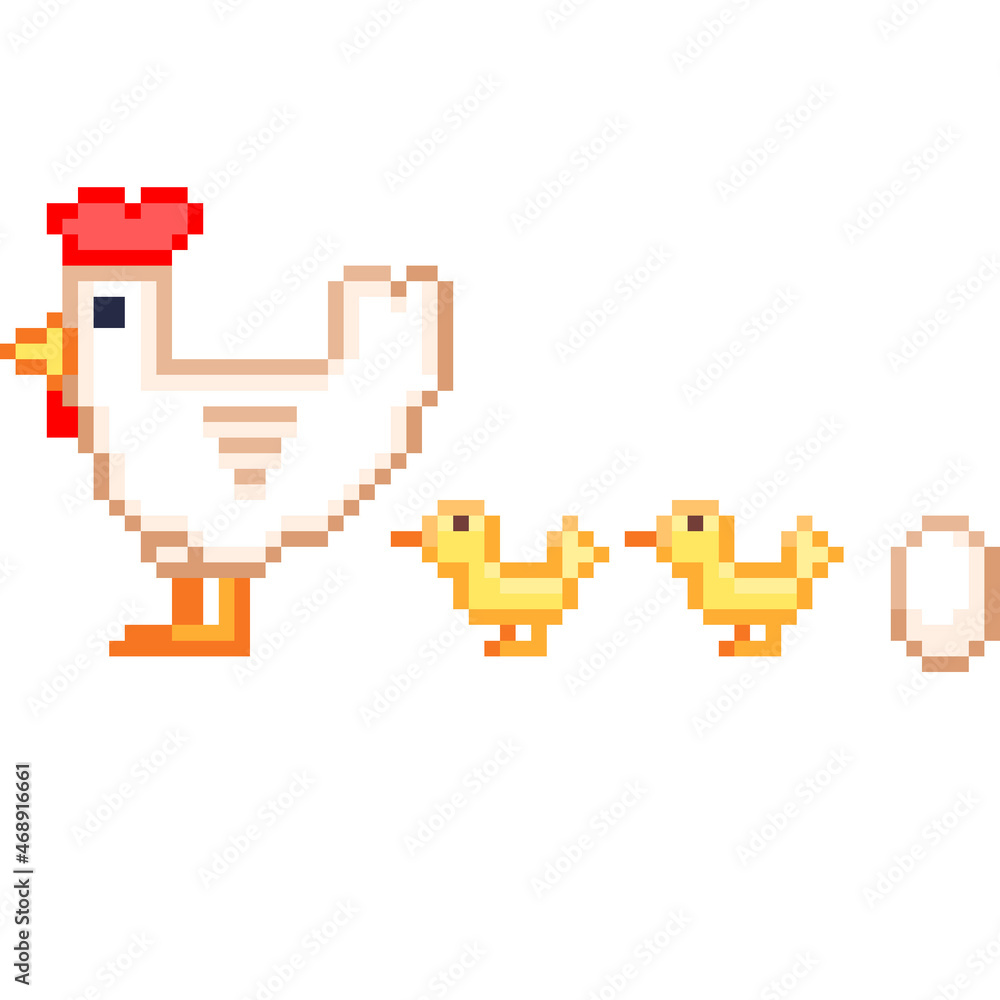 Obraz premium Pixel Illustration of chicken,chicks, egg