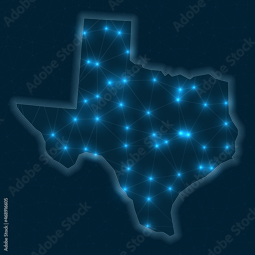 Texas network map. Abstract geometric map of the US state. Digital connections and telecommunication design. Glowing internet network. Amazing vector illustration.