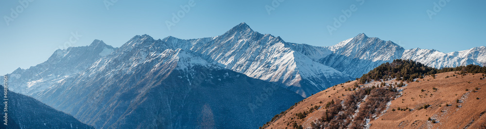 Beautiful winter landscape with aerial panorama in the Caucasus mountains, Republic of Ingushetia, Russia