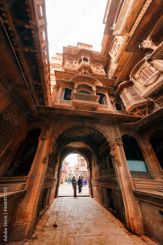 An interesting stone house with graceful figured balconies, on an old street inside the citayel. Jaisalmer was founded in the 12th century. India