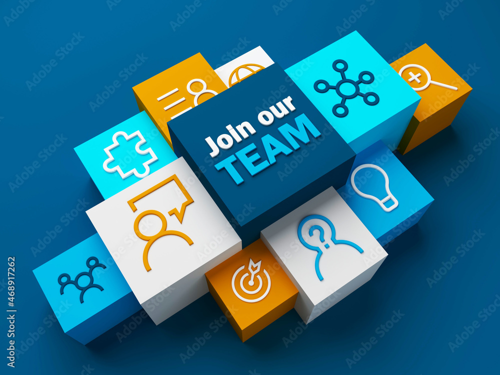 3D render of perspective view of JOIN OUR TEAM concept with symbols on colorful cubes on dark blue background 3D render of perspective view of JOIN OUR TEAM concept with symbols on colorful cubes on dark blue background