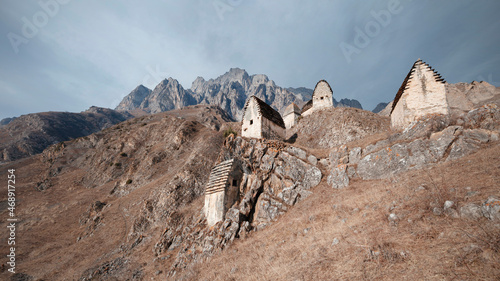 Dargav Gorge, abandoned medieval village of Khussar Khintsag. North Ossetia, Russia photo