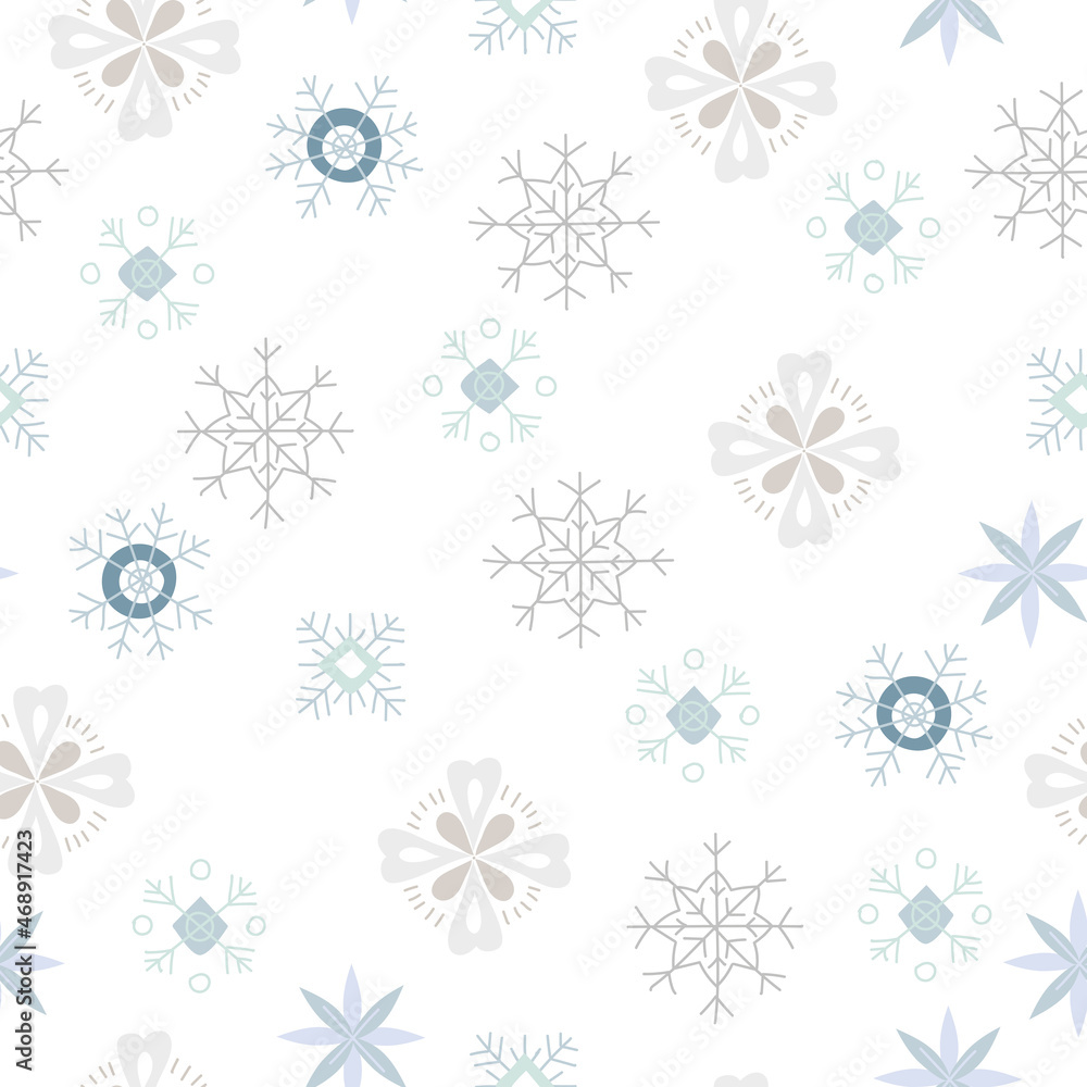 Seamless pattern of snowflakes in boho or scandinavian style. Christmas items with winter elements and holiday wishes. Winter vector illustration on white background.