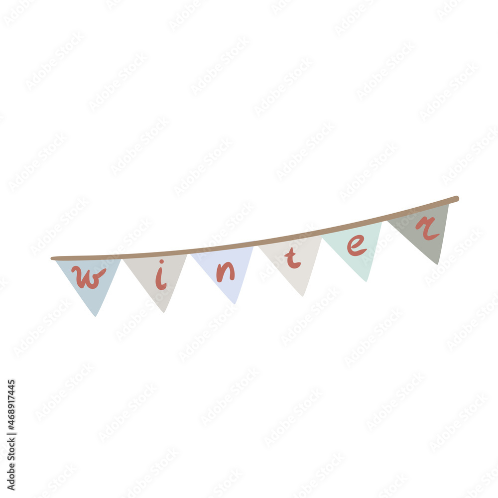 Obraz premium Garland of decoration flags in doodle style. Simple decor for a festive Christmas and New Years. Vector illustration isolated on white background.
