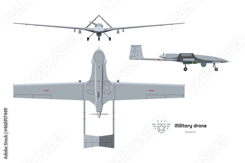 Military drone top, side, front view. Isolated 3d army plane. Modern unmanned bomber blueprint